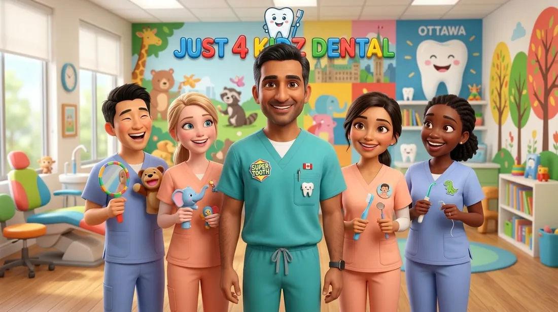 Dr. Raj Mahal and his friendly pediatric dental team cartoon illustration